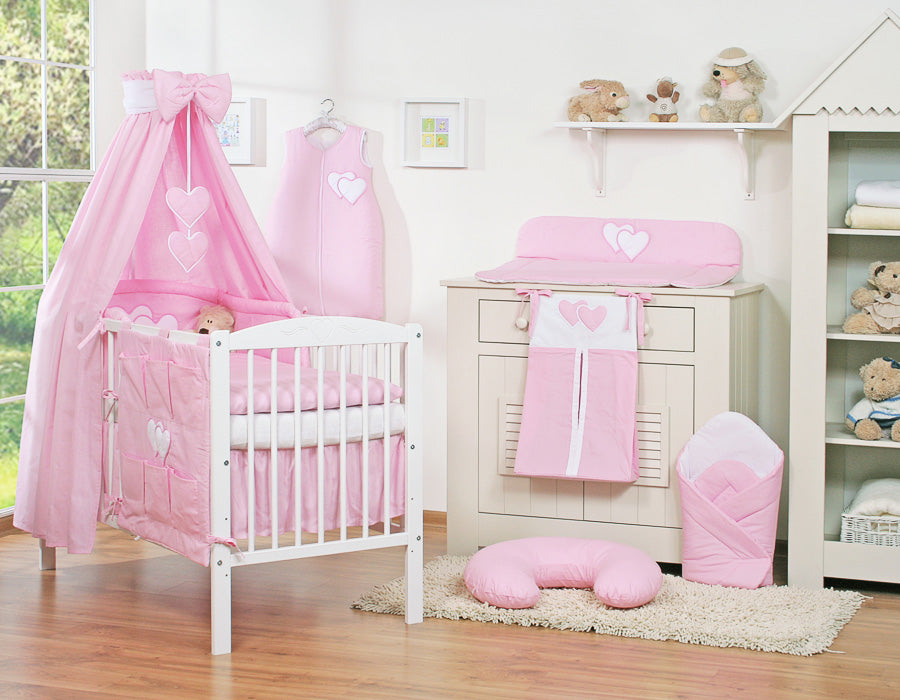 Bedding set 5-pcs 120x90 with canopy - Hanging Hearts pink