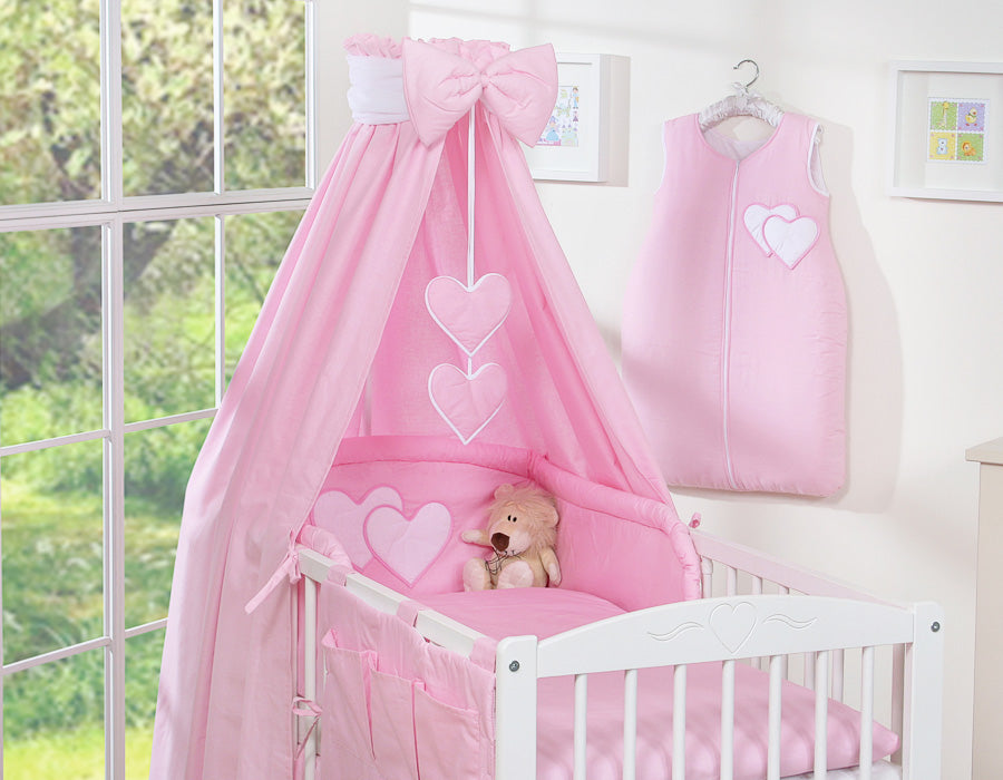 Bedding set 5-pcs 135x100 with canopy - Hanging Hearts pink