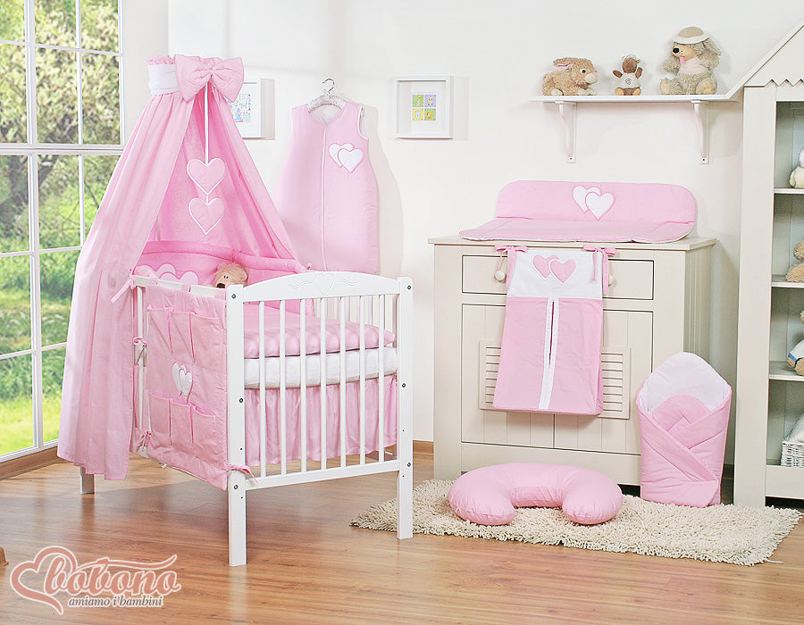 Bedding set 5-pcs 120x90 with canopy - Hanging Hearts pink