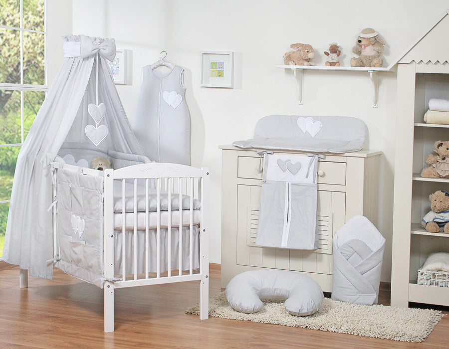 Bedding set 5-pcs 120x90 with canopy - Hanging Hearts grey