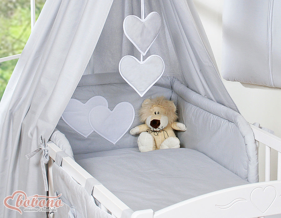 Bedding set 5-pcs 120x90 with canopy - Hanging Hearts grey