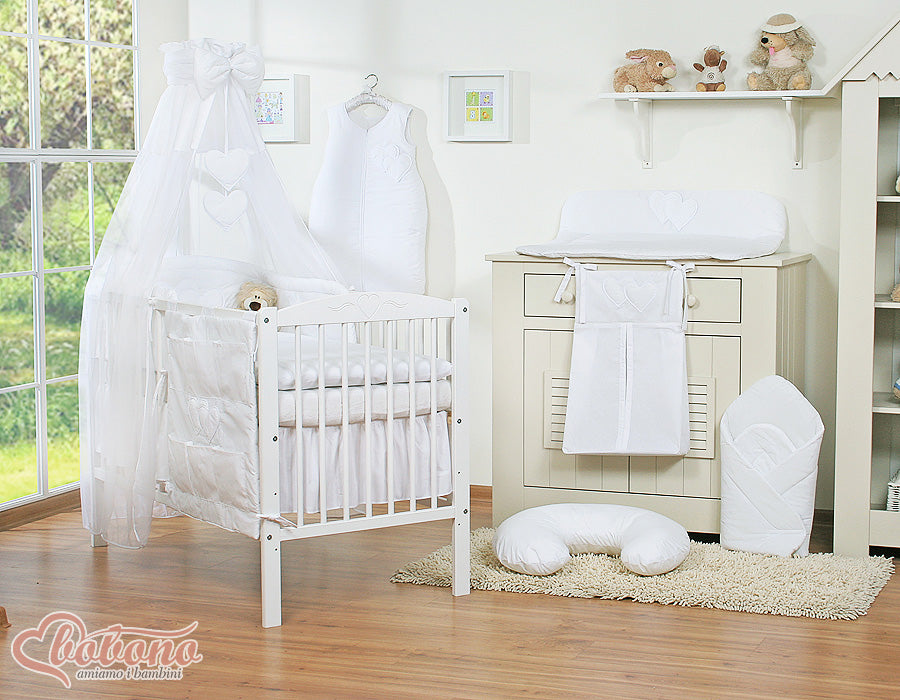 Bedding set 5-pcs 120x90 with canopy - Hanging Hearts white