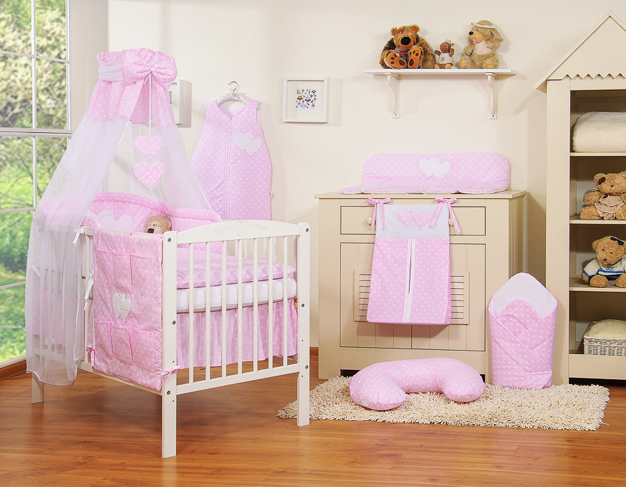 Bedding set 5-pcs 120x90 with canopy - Hanging Hearts white dots on pink