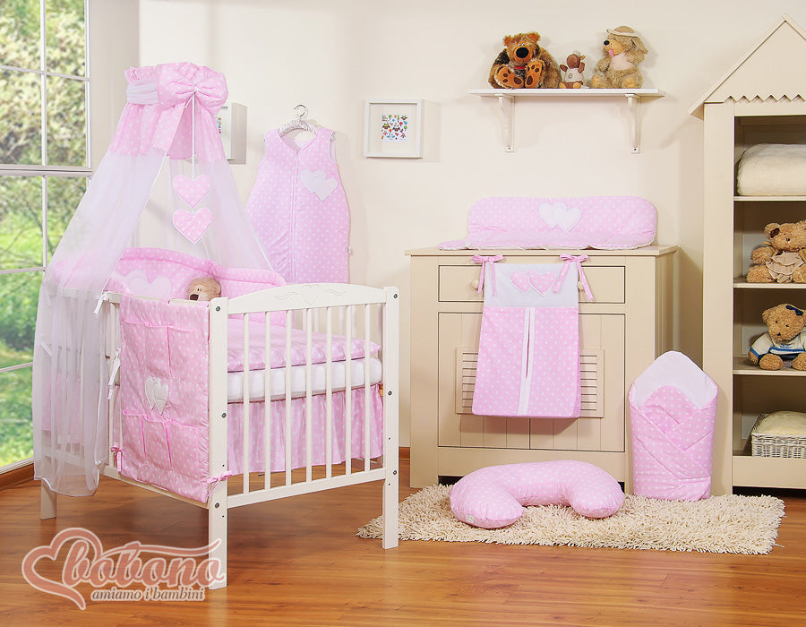 Bedding set 5-pcs 120x90 with canopy - Hanging Hearts white dots on pink