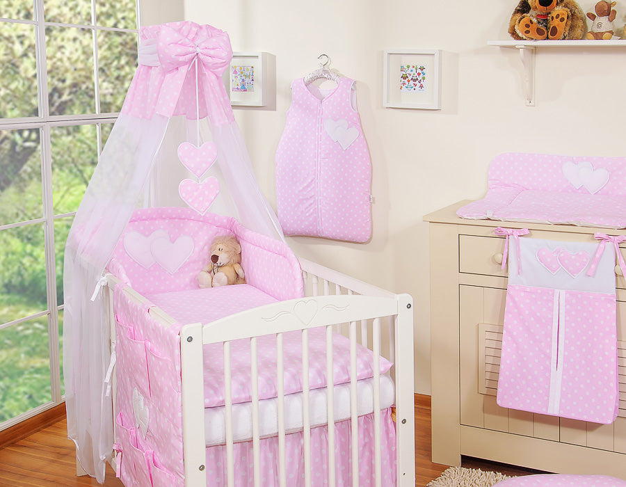 Bedding set 5-pcs 120x90 with canopy - Hanging Hearts white dots on pink