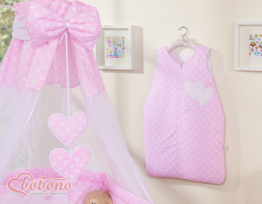 Bedding set 5-pcs 120x90 with canopy - Hanging Hearts white dots on pink