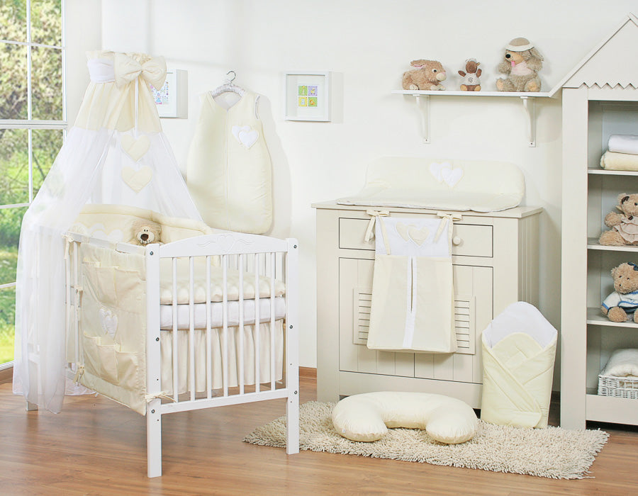 Bedding set 5-pcs 120x90 with canopy - Hanging Hearts cream