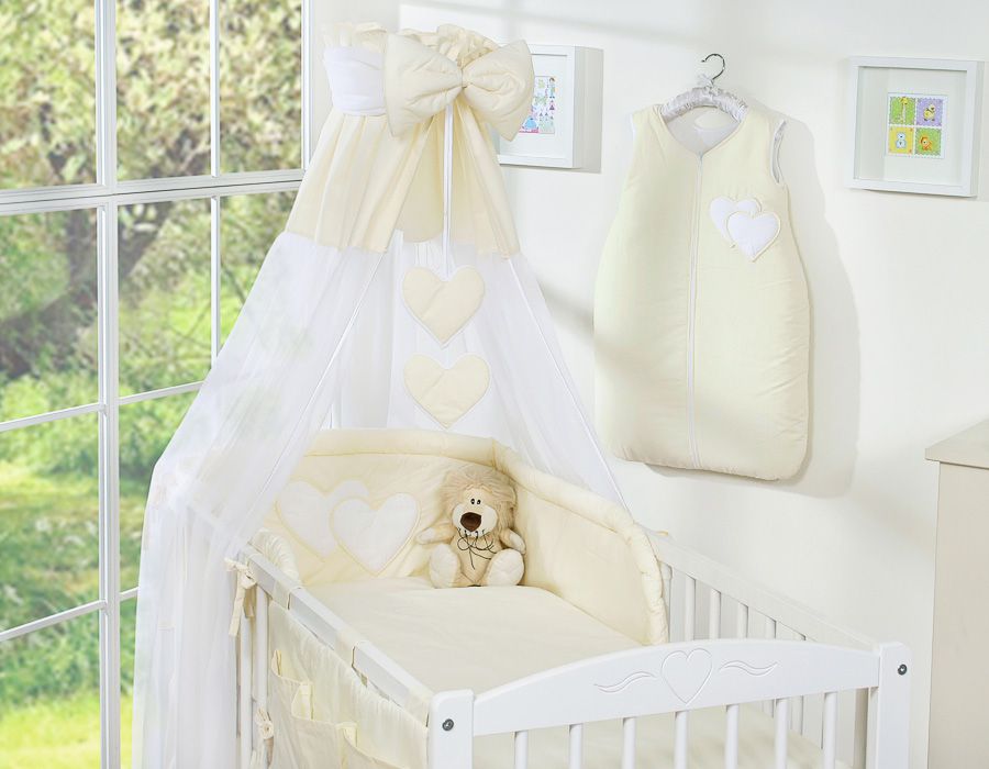 Bedding set 5-pcs 120x90 with canopy - Hanging Hearts cream