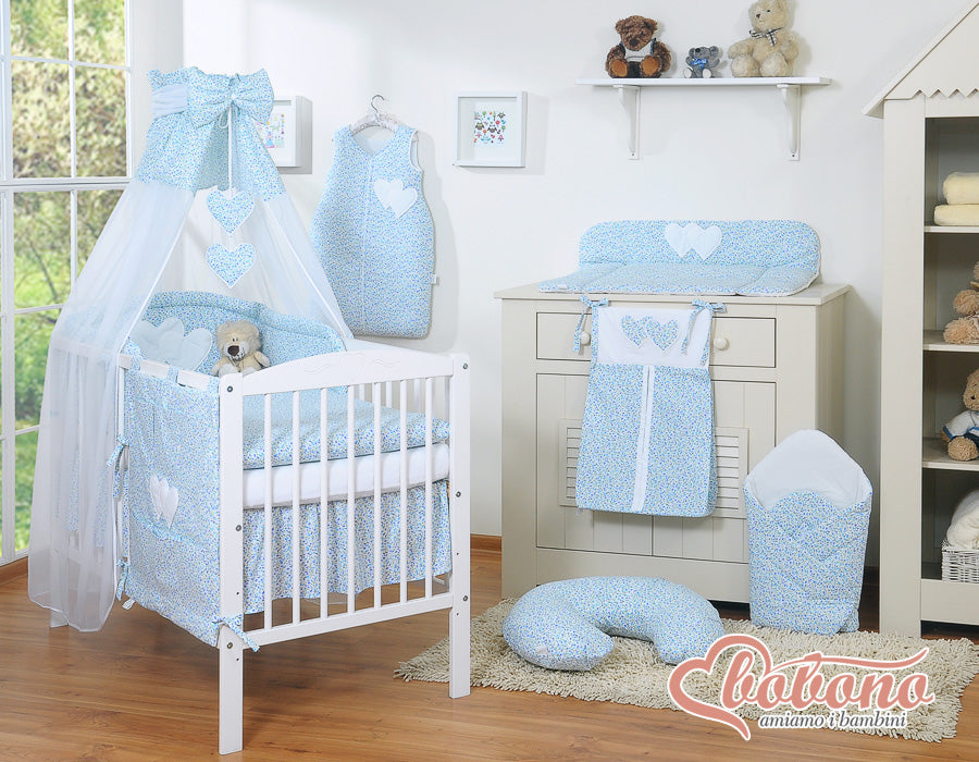 Bedding set 5-pcs 120x90 with canopy - Hanging Hearts little blue flowers