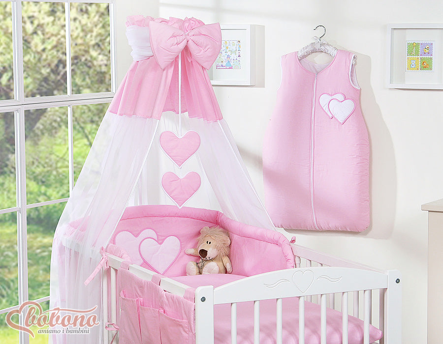 Bedding set 5-pcs 120x90 with canopy - Hanging Hearts pink