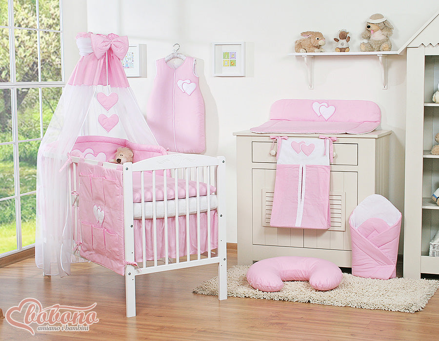 Bedding set 5-pcs 135x100 with canopy - Hanging Hearts pink