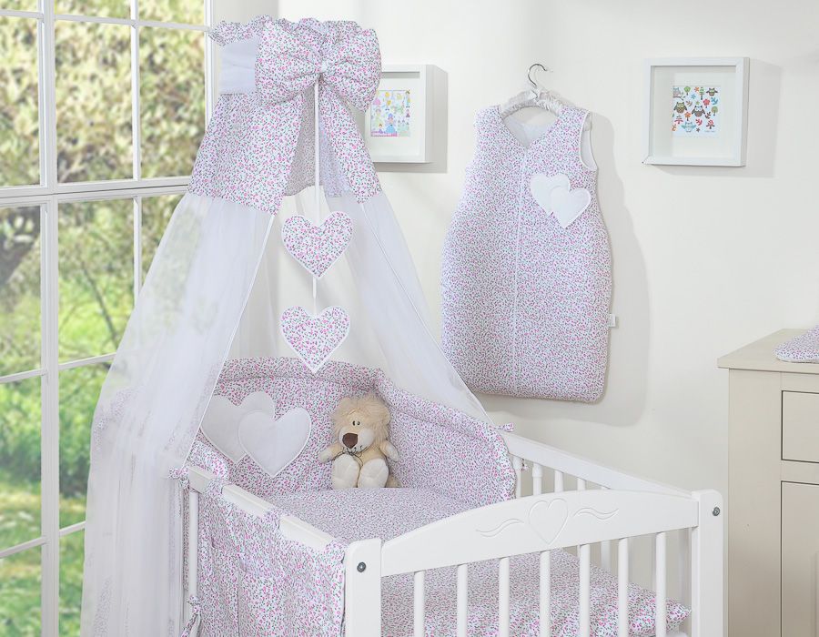 Bedding set 5-pcs 120x90 with canopy - Hanging Hearts little pink flowers