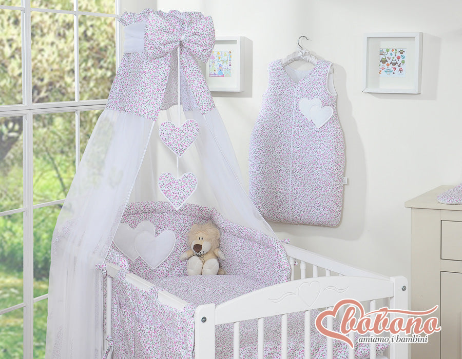 Bedding set 5-pcs 135x100 with canopy - Hanging Hearts little pink flowers