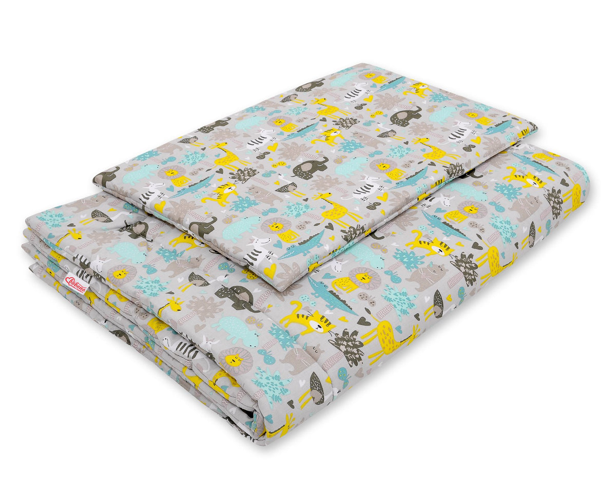 Bedding set 2-pcs with filling 120x90 cm - gray-mint animals