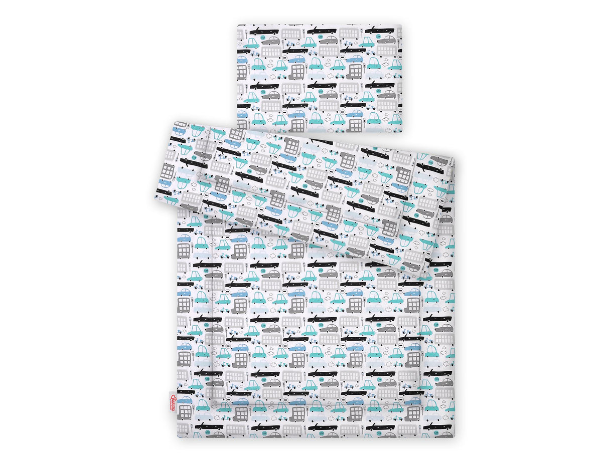 Bedding set 2-pcs with filling 135x100 cm - gray and turquoise cars
