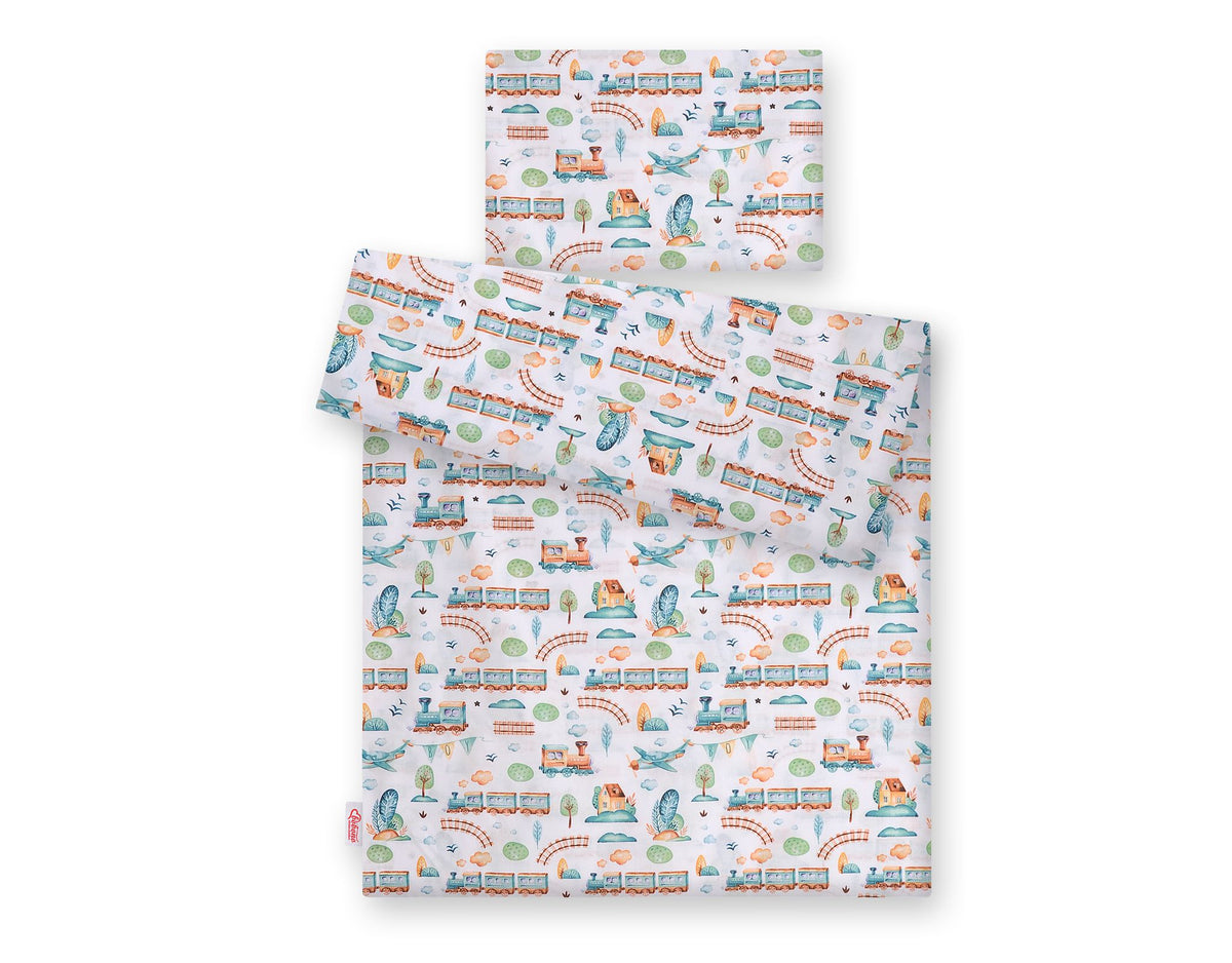 Baby cotton bedding set 2-pcs 120x90 cm- turquoise train
