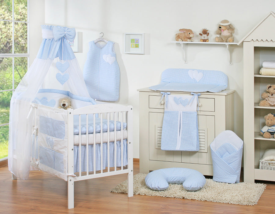 Bedding set 5-pcs 120x90 with canopy - Hanging Hearts blue checkered