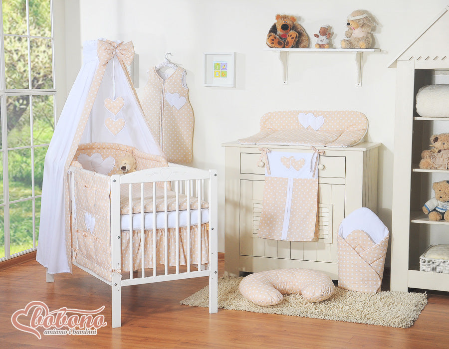 Bedding set 5-pcs 120x90 with canopy - Hanging Hearts white dots on beige
