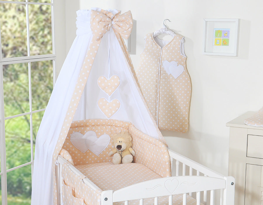 Bedding set 5-pcs 120x90 with canopy - Hanging Hearts white dots on beige