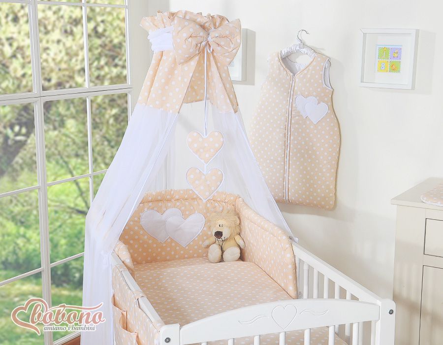Bedding set 5-pcs 120x90 with canopy - Hanging Hearts white dots on beige
