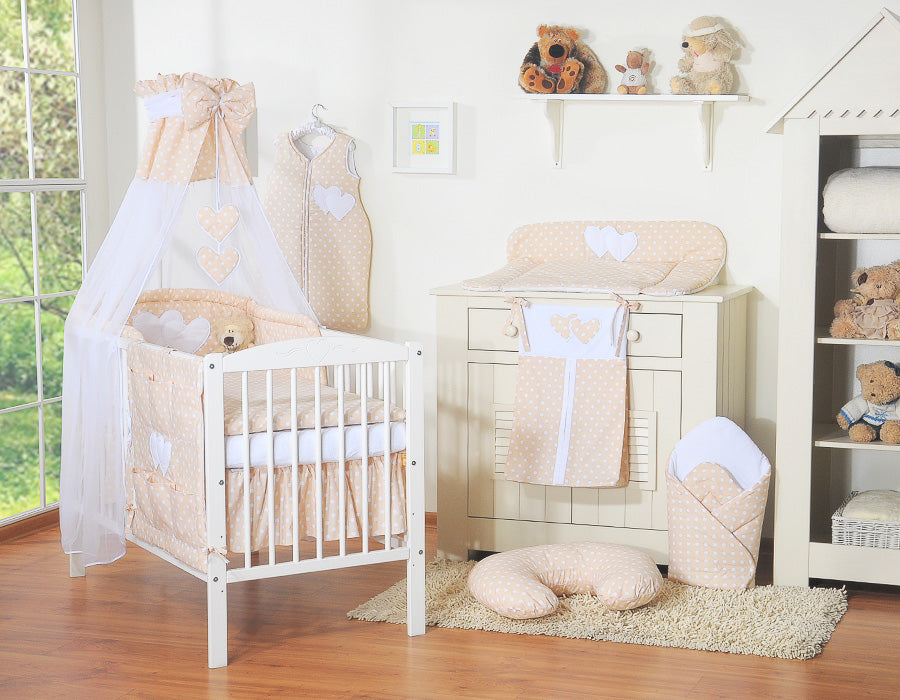 Bedding set 5-pcs 120x90 with canopy - Hanging Hearts white dots on beige