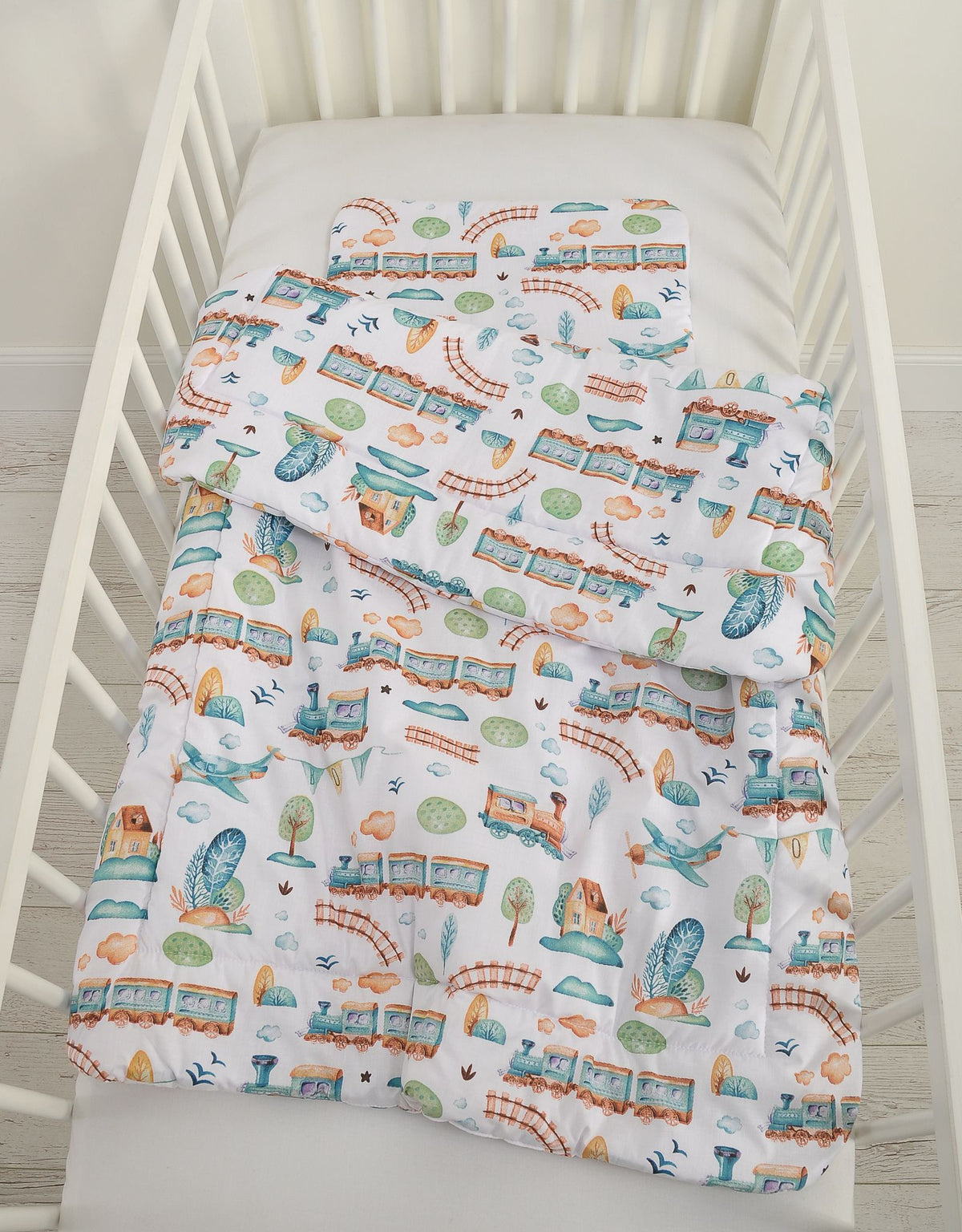 Bedding set 2-pcs with filling - turquoise train