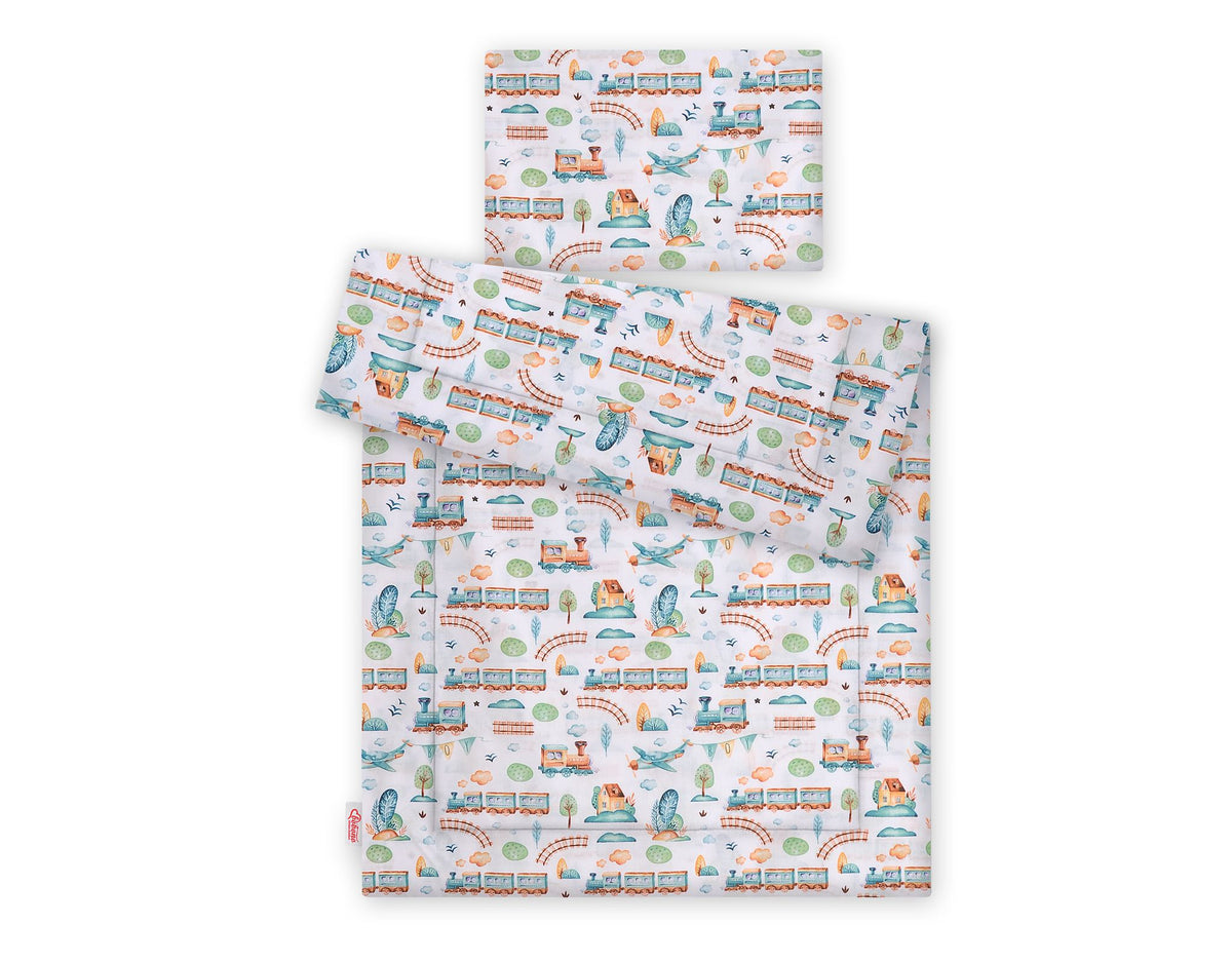 Bedding set 2-pcs with filling - turquoise train