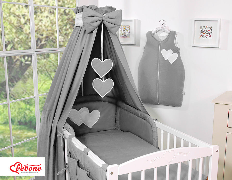 Bedding set 5-pcs 120x90 with canopy - Hanging Hearts anthracite
