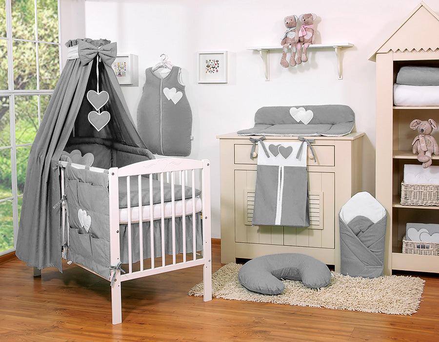 Bedding set 5-pcs 120x90 with canopy - Hanging Hearts anthracite
