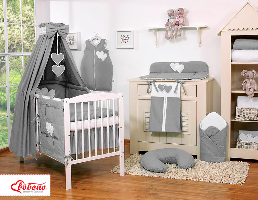 Bedding set 5-pcs 120x90 with canopy - Hanging Hearts anthracite