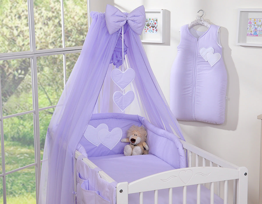 Bedding set 5-pcs with mosquito-net- Hanging Hearts lilac