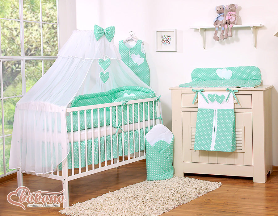 Bedding set 5-pcs with mosquito-net- Hanging Hearts white dots on mint