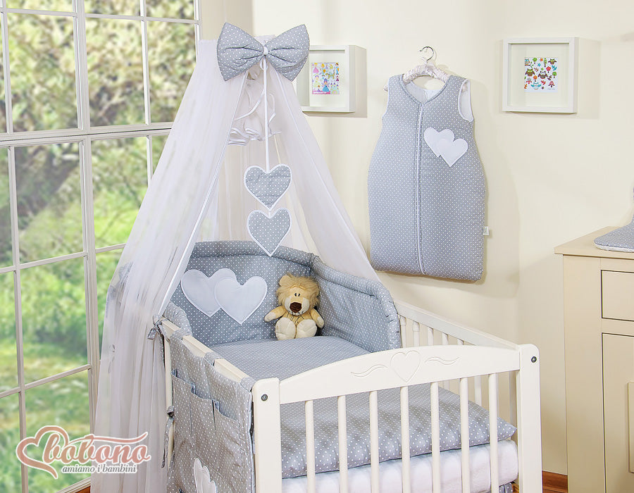 Bedding set 5-pcs with mosquito-net- Hanging Hearts white polka dots on grey