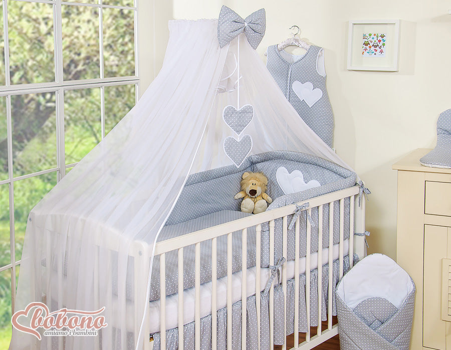 Bedding set 5-pcs with mosquito-net- Hanging Hearts white polka dots on grey