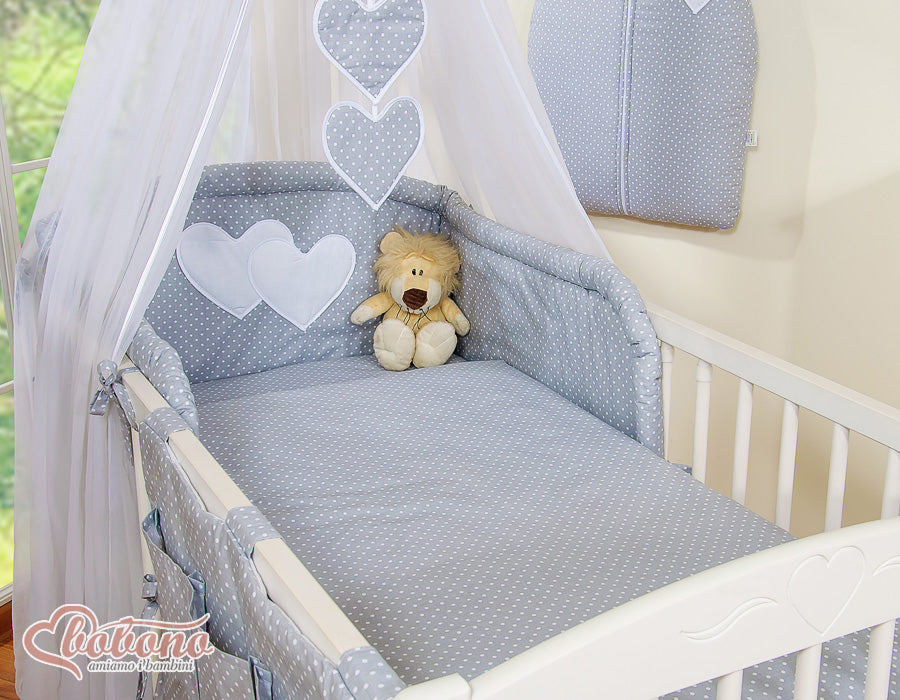 Bedding set 5-pcs with mosquito-net- Hanging Hearts white polka dots on grey