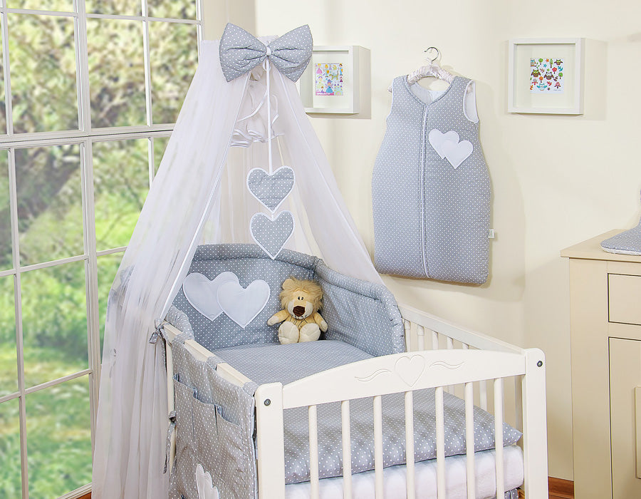 Bedding set 5-pcs with mosquito-net- Hanging Hearts white polka dots on grey