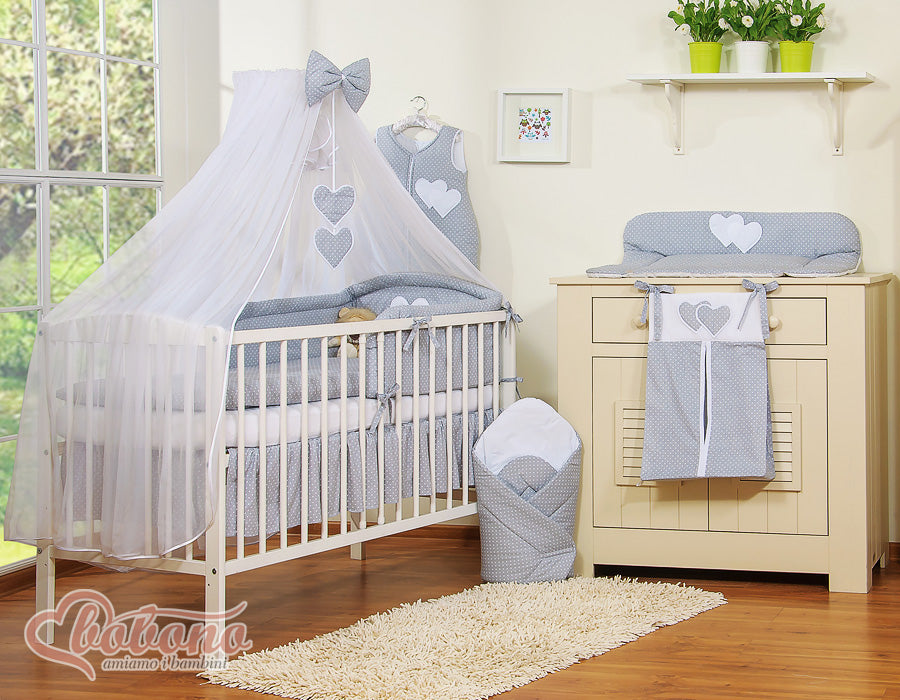 Bedding set 5-pcs with mosquito-net- Hanging Hearts white polka dots on grey