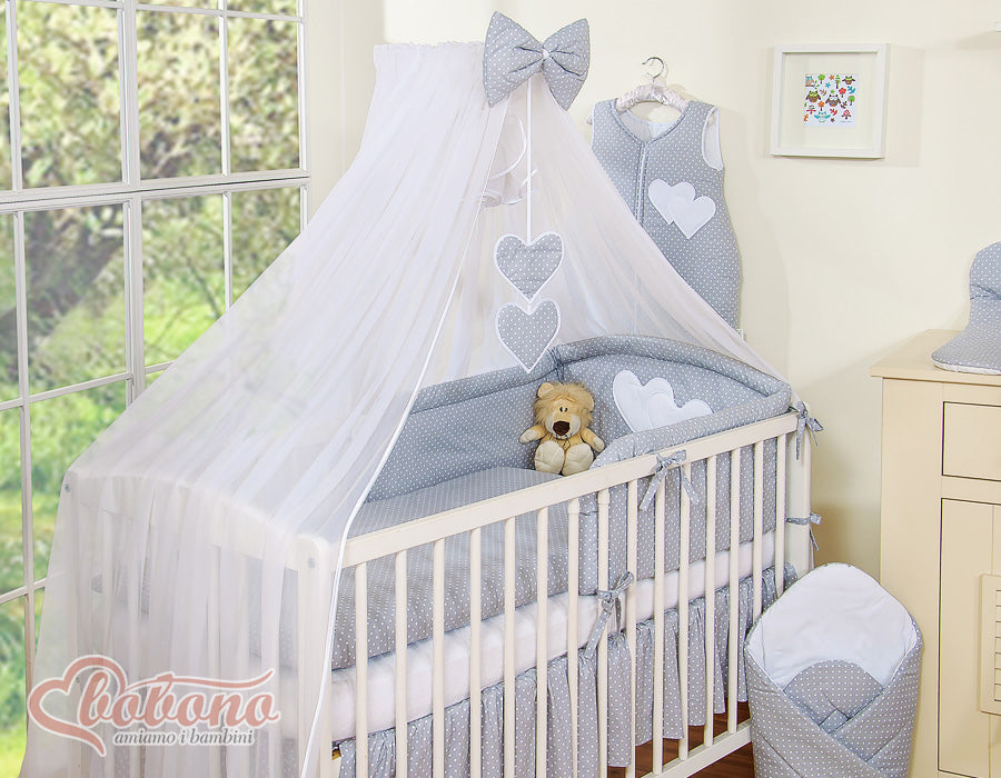 Bedding set 5-pcs with mosquito-net- Hanging Hearts white polka dots on grey