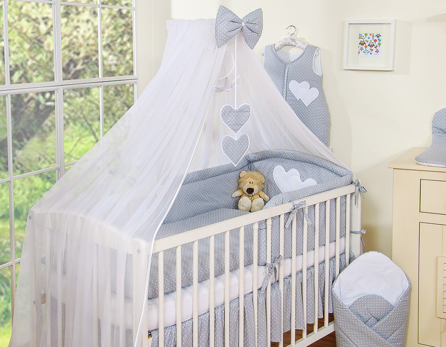 Bedding set 5-pcs with mosquito-net- Hanging Hearts white polka dots on grey