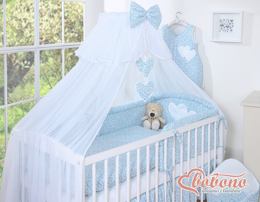 Bedding set 5-pcs with mosquito-net- Hanging Hearts little blue flowers