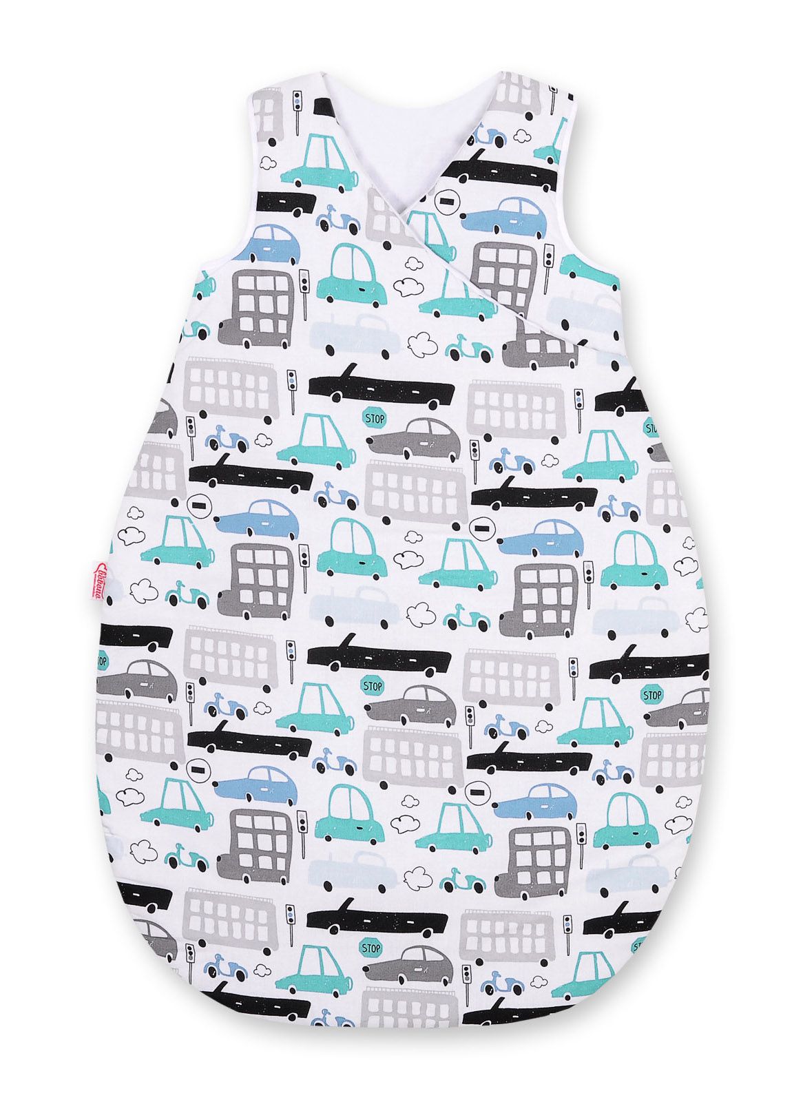Cotton sleeping bag for children, size M, 3-12 months, TOG 2.5, all-season - gray and turquoise cars
