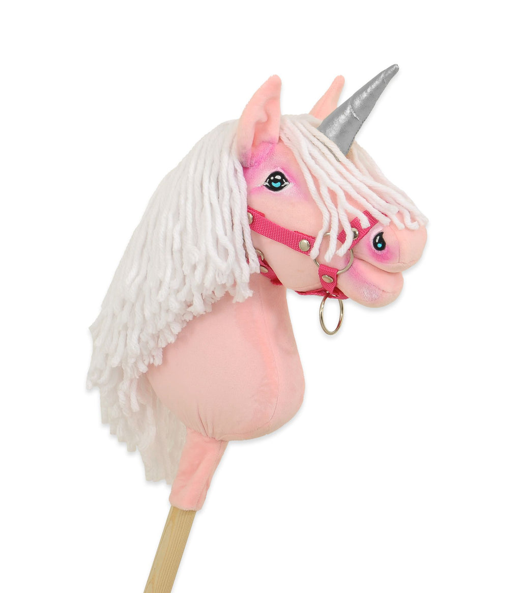 Hobby Horse Unicorn on a stick - pink with white mane and silver horn A4
