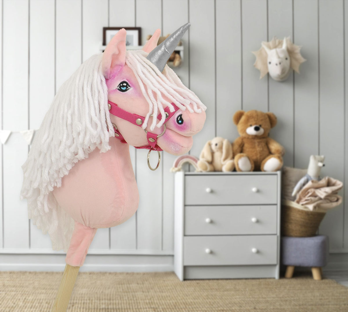 Hobby Horse Unicorn on a stick - pink with white mane and silver horn A4