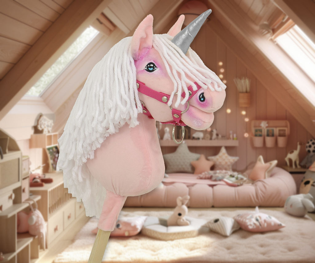 Hobby Horse Unicorn on a stick - pink with white mane and silver horn A4