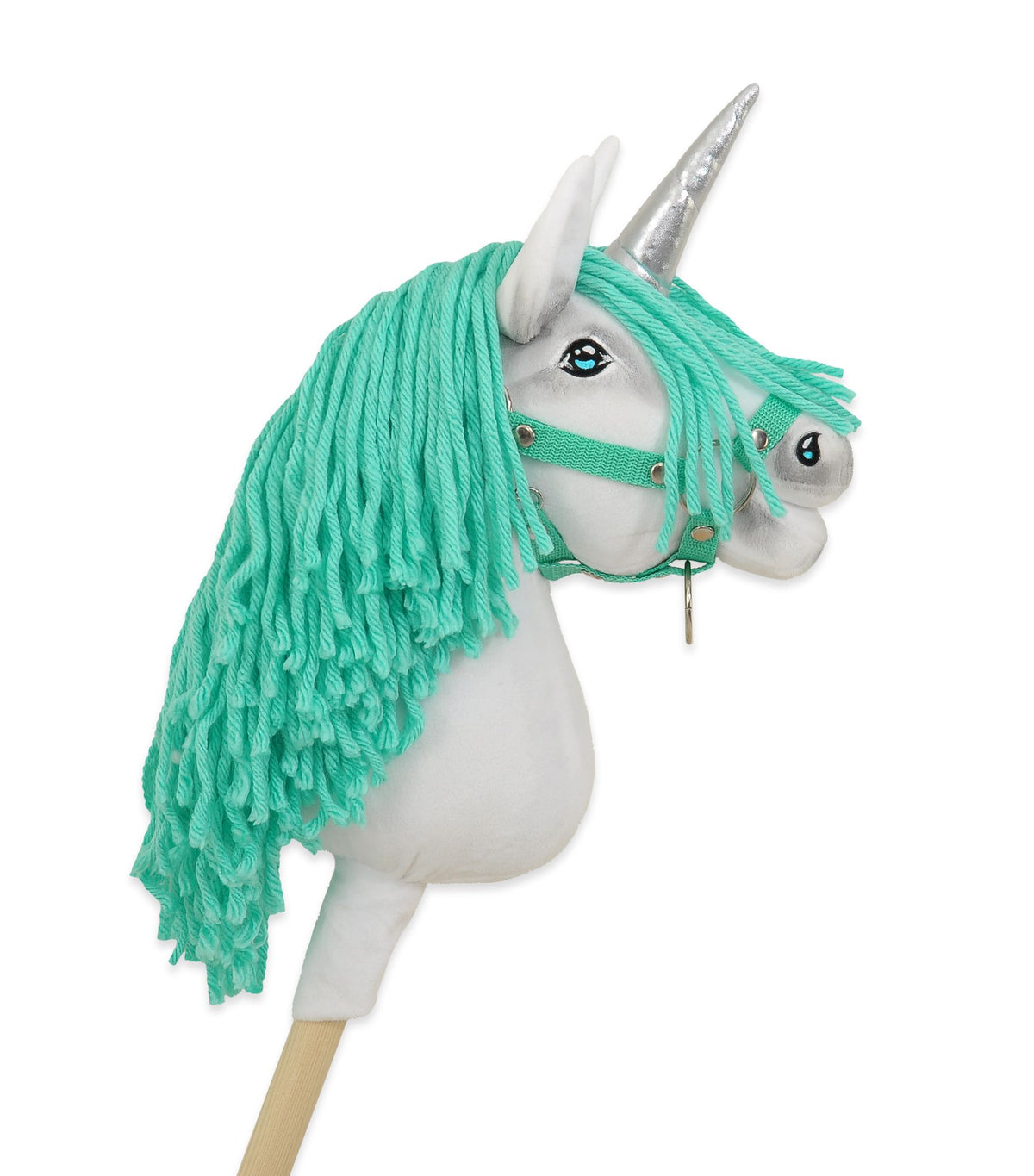 Hobby Horse Unicorn on a stick - white with mint mane and silver horn A4