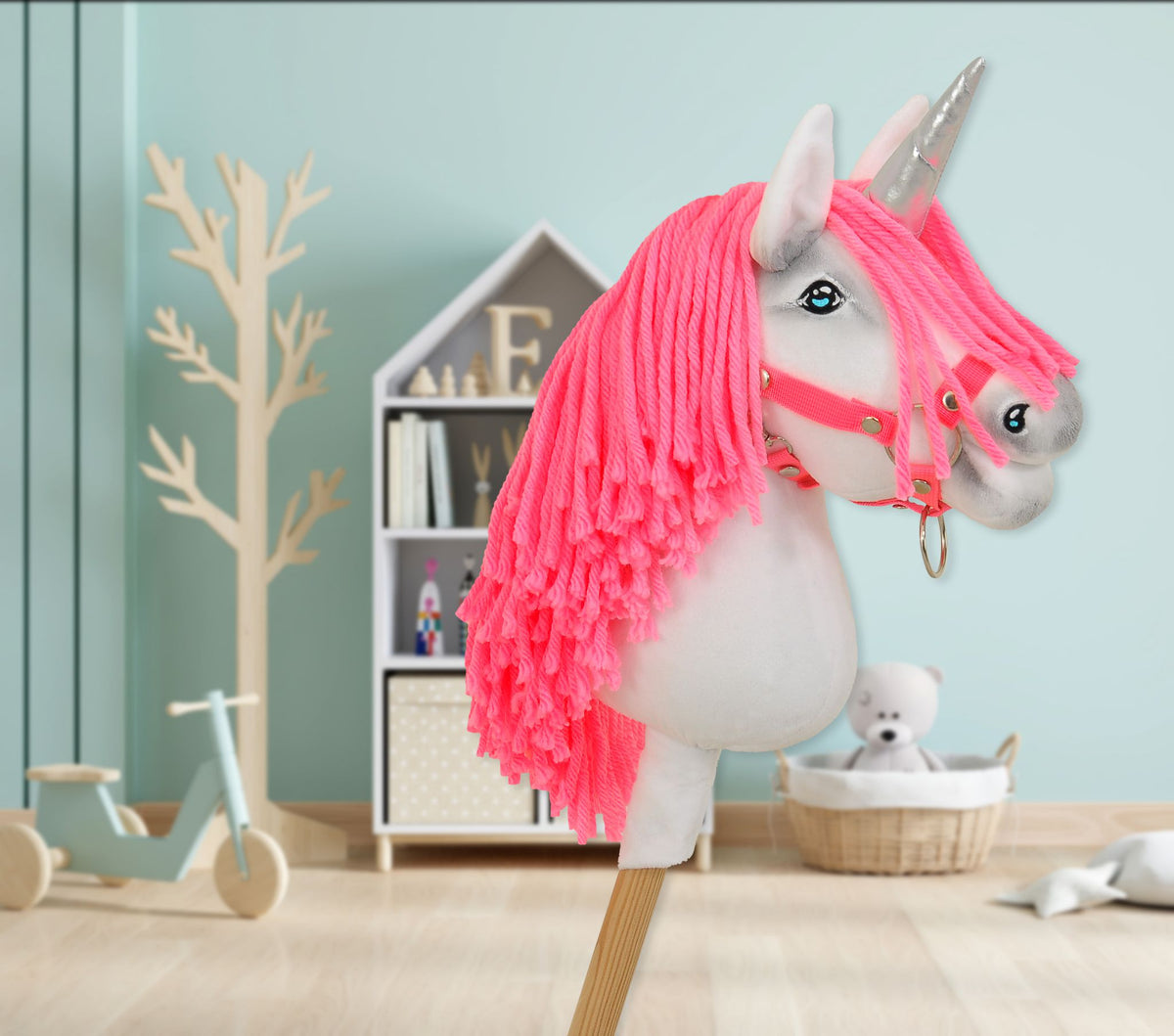 Hobby Horse Unicorn on a stick - white with neon pink mane and silver horn A4