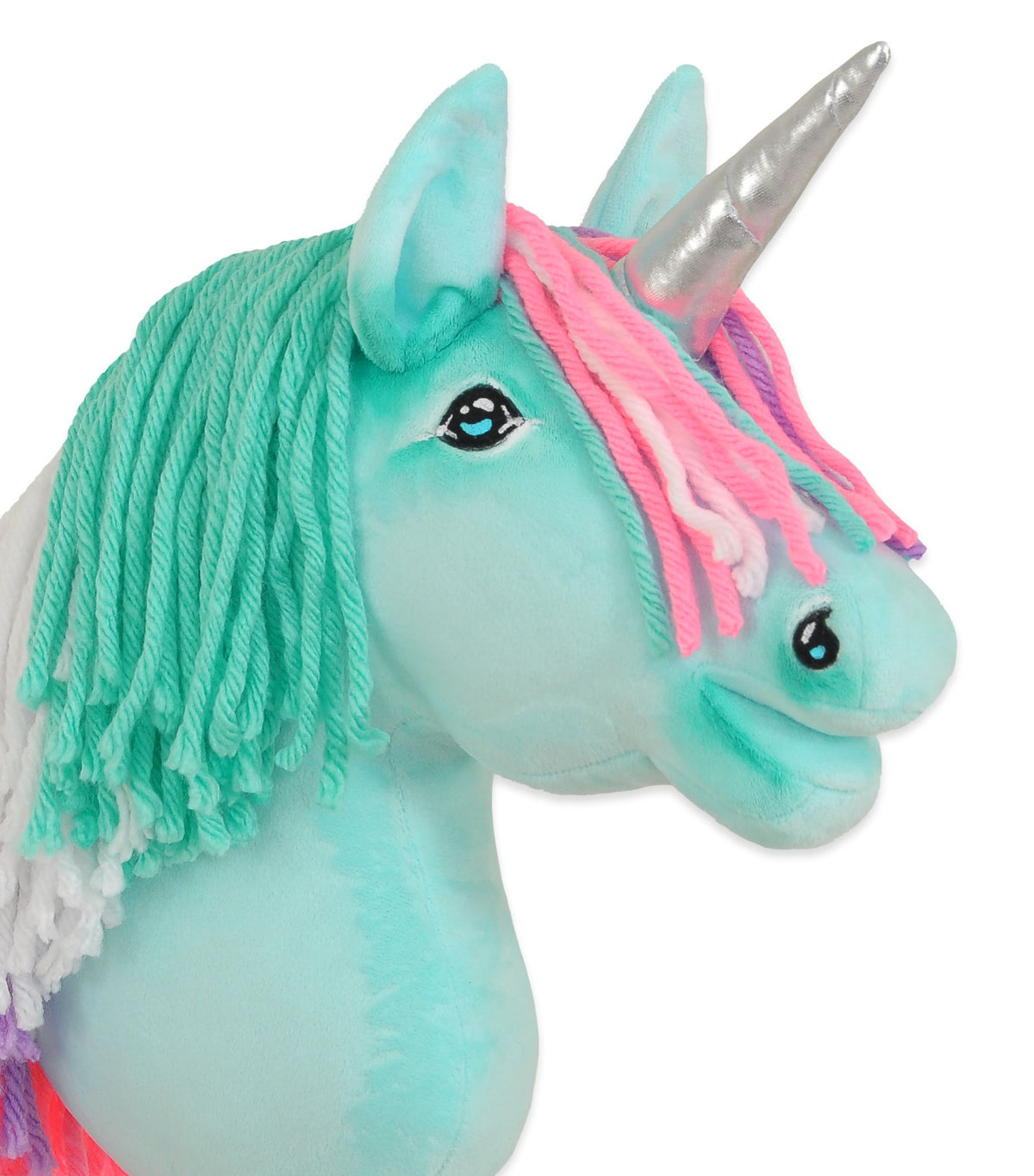 Hobby Horse Unicorn on a stick - mint with coloured mane and silver horn A4