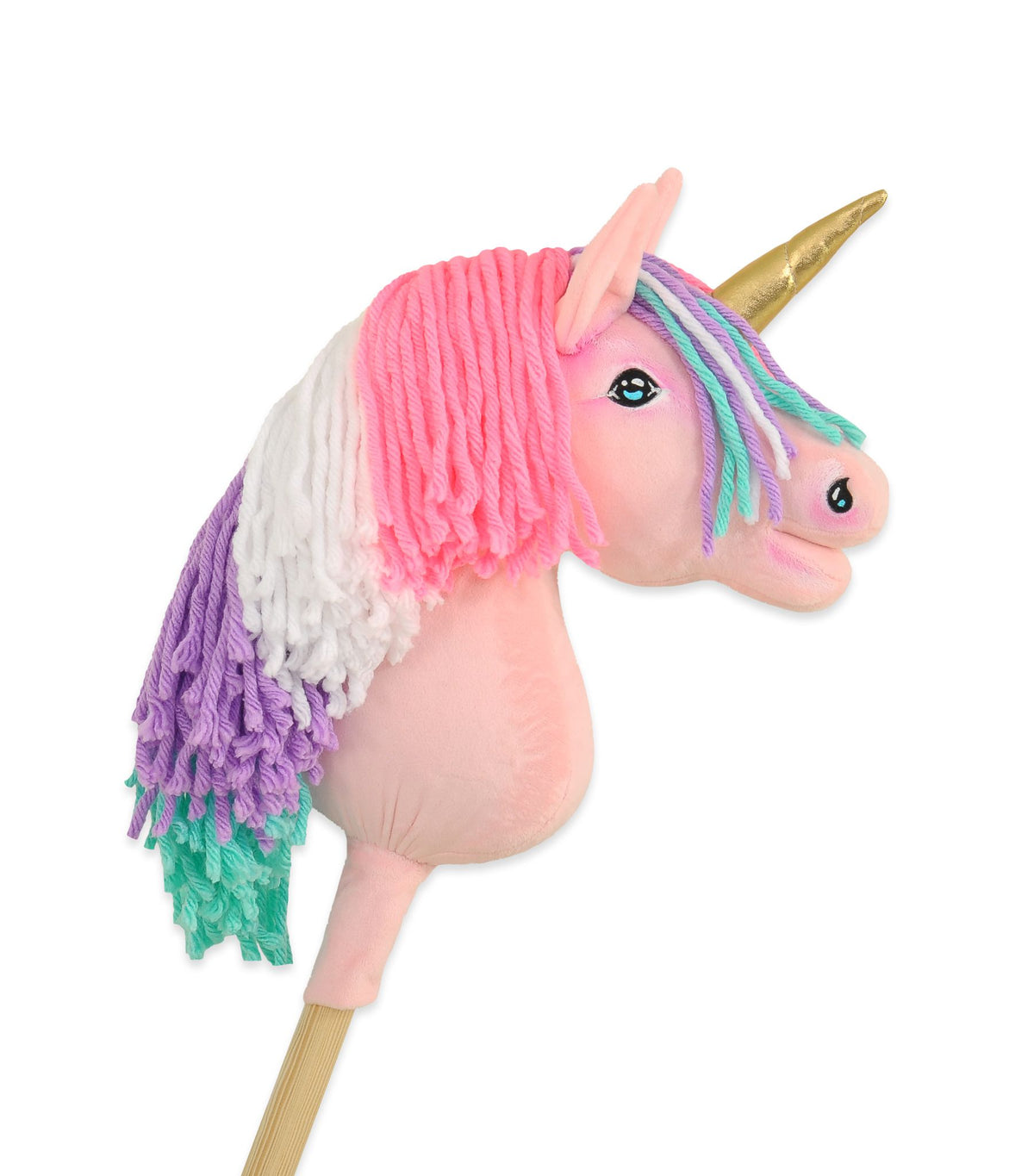 Hobby Horse Unicorn on a stick - pink with coloured mane and golden horn A4
