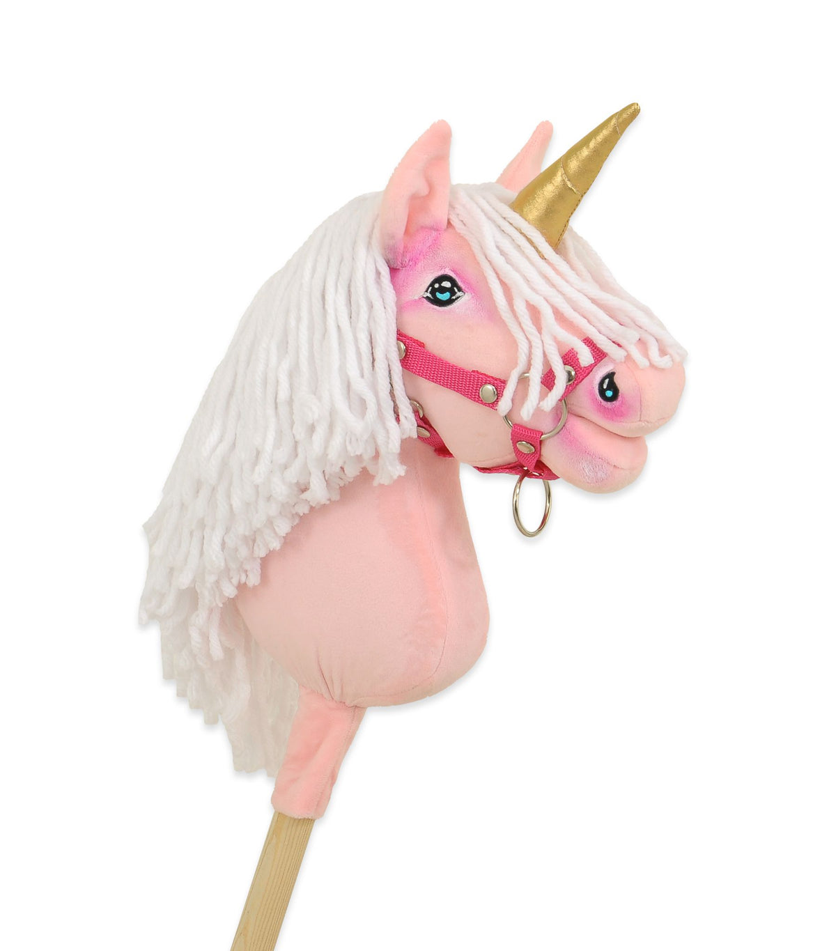 Hobby Horse Unicorn on a stick - pink with white mane and golden horn A4