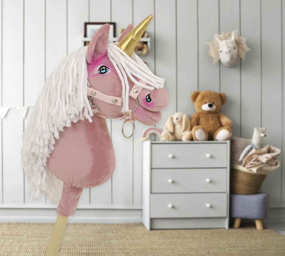 Hobby Horse Unicorn on a stick - pastel pink with white mane and golden horn A4